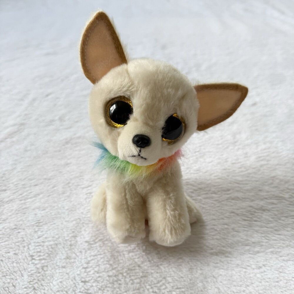 Ty Beanie Boo Chewey Chihuahua Plush 6" Rainbow Collar Dog Stuffed Animal